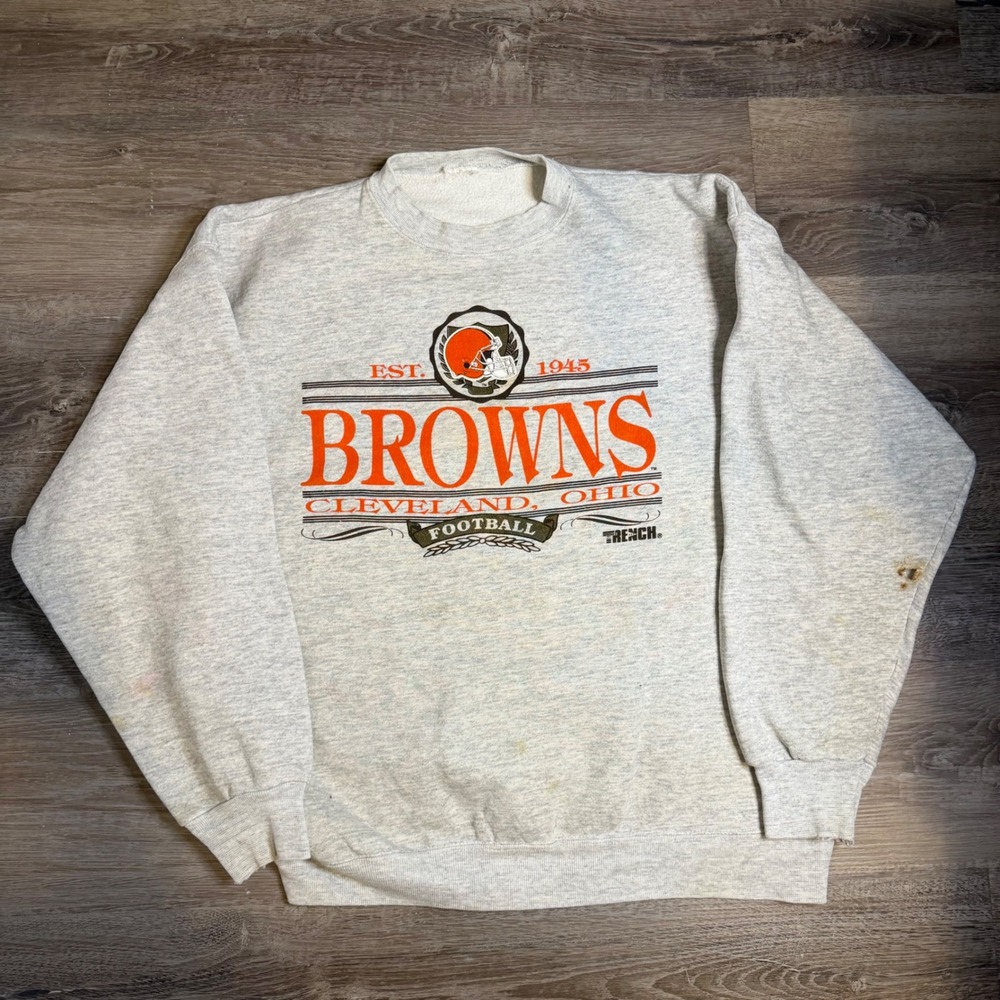 Vintage Cleveland Browns Trench Sweatshirt Gray 90s NFL Football Distressed XL